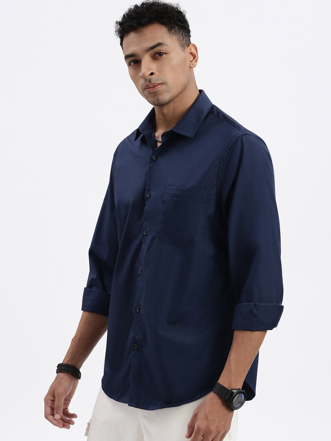 Men's Navy Blue Solid Slim Fit Shirt