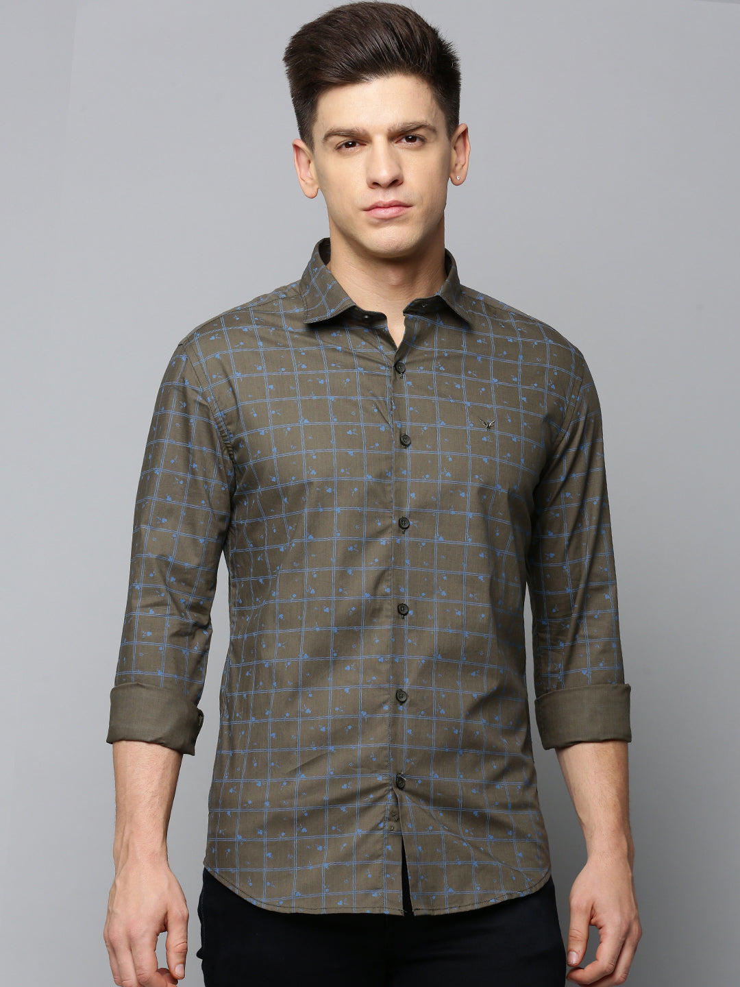 Men Spread Collar Checked Olive Shirt