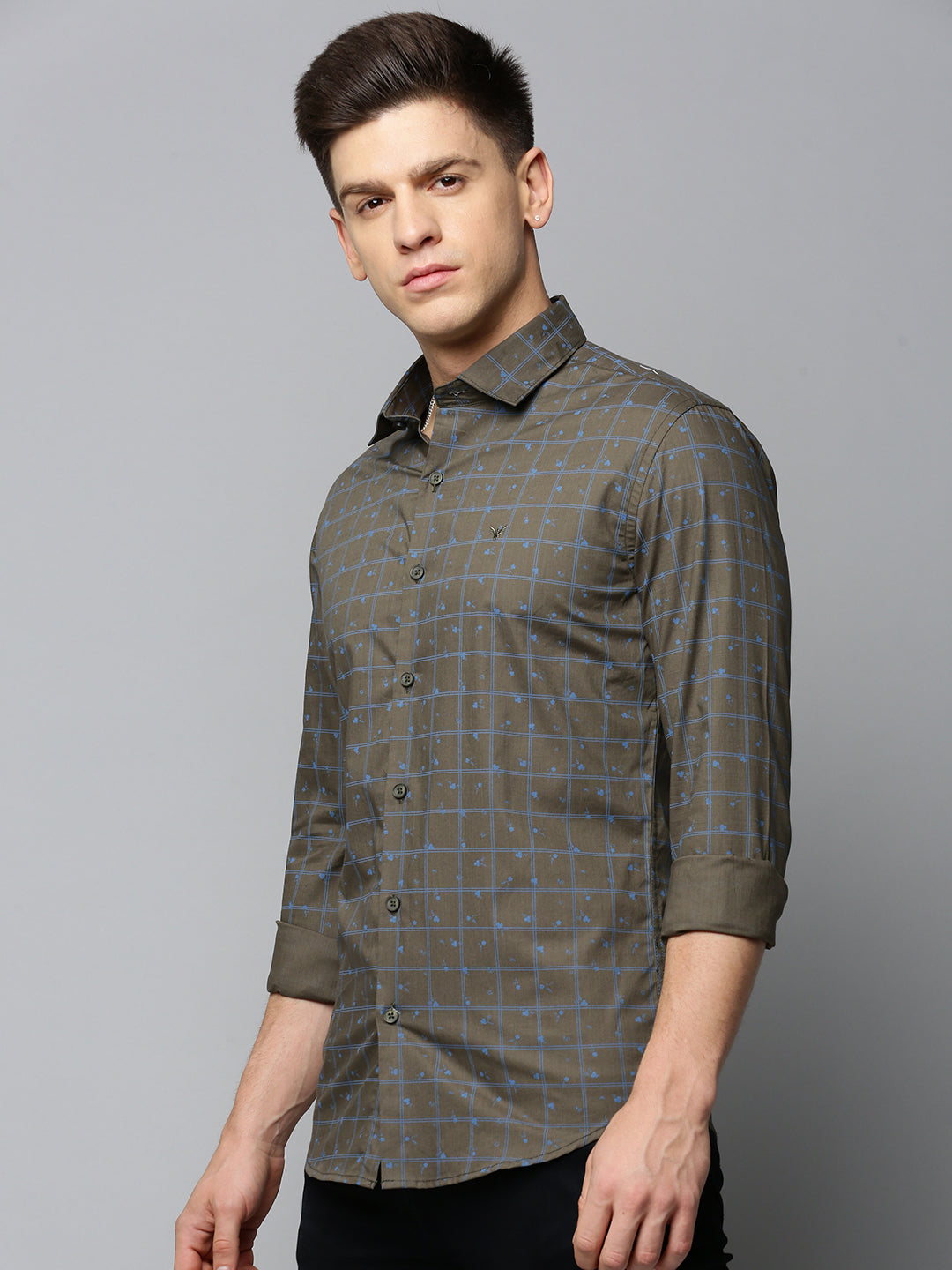 Men Spread Collar Checked Olive Shirt