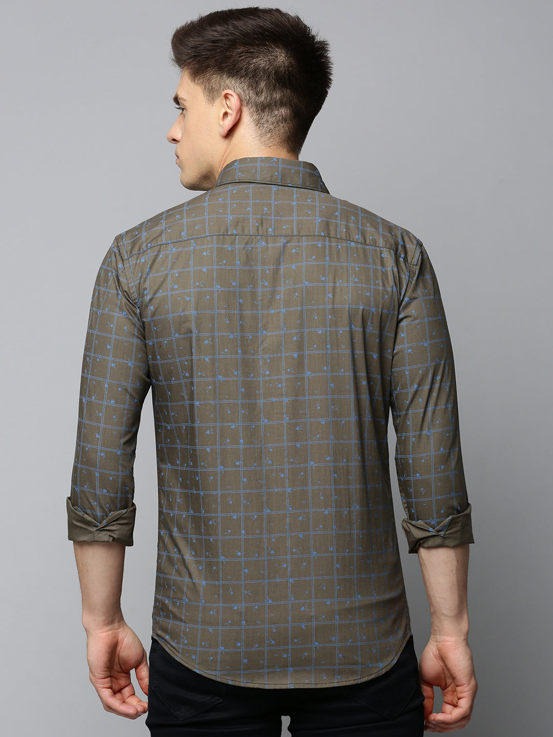 Men Spread Collar Checked Olive Shirt