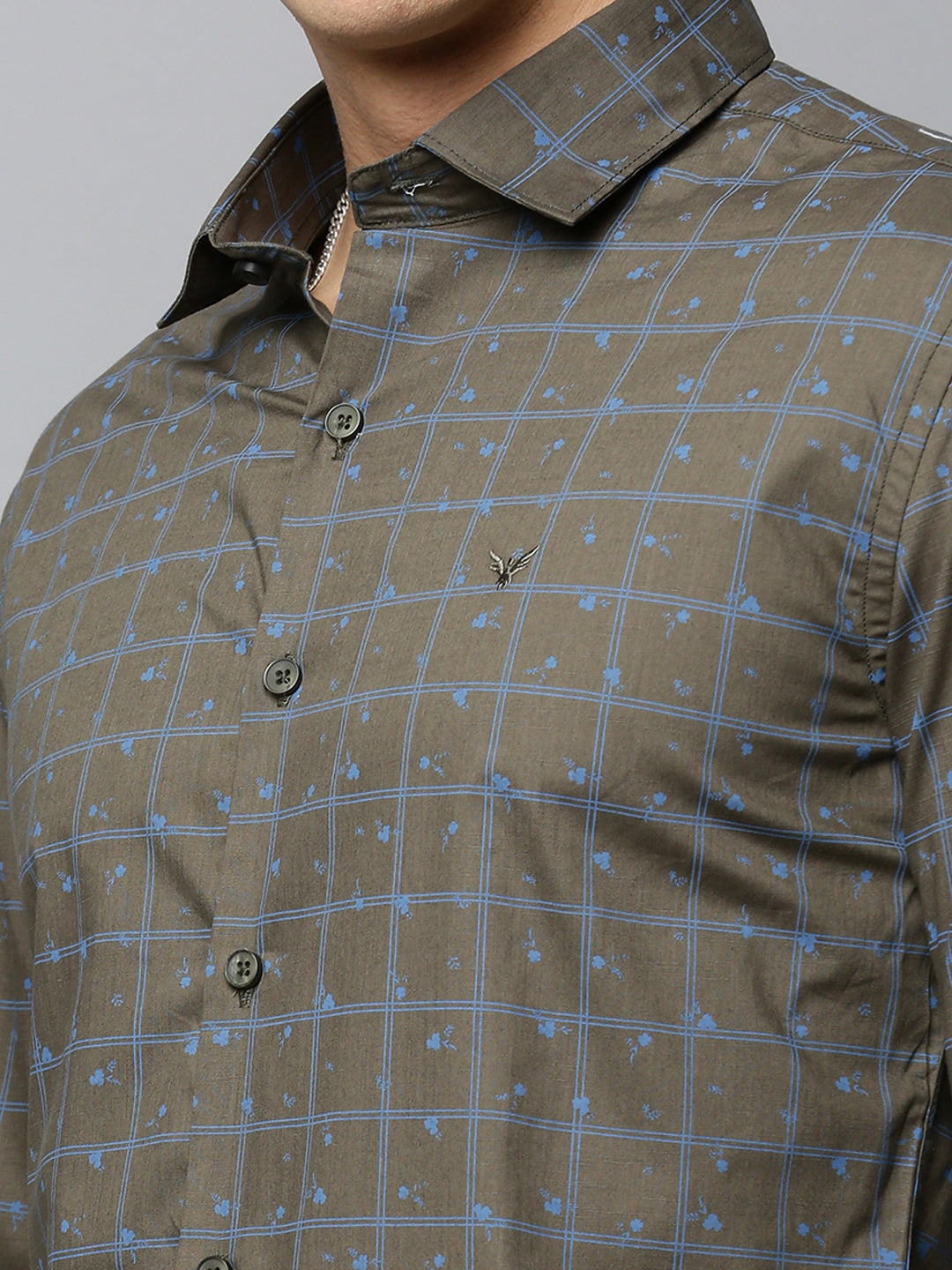 Men Spread Collar Checked Olive Shirt