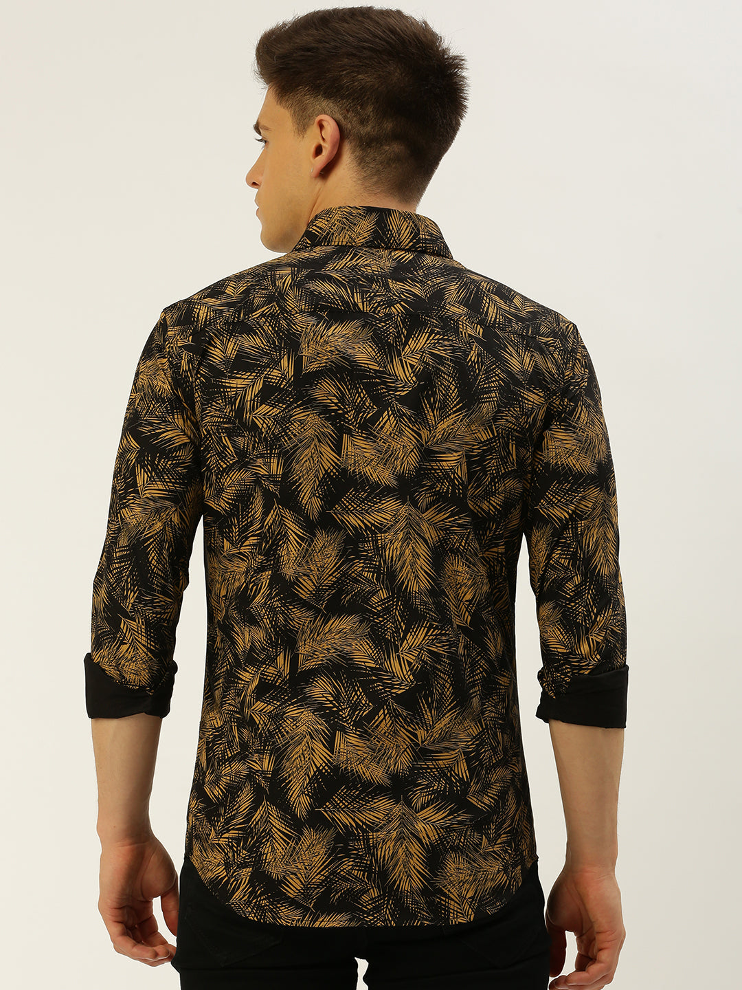 Men Spread Collar Printed Black Shirt