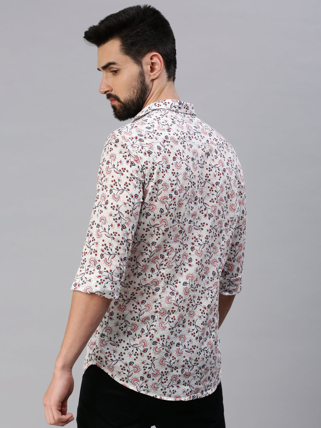 Men Spread Collar Printed Off White Shirt