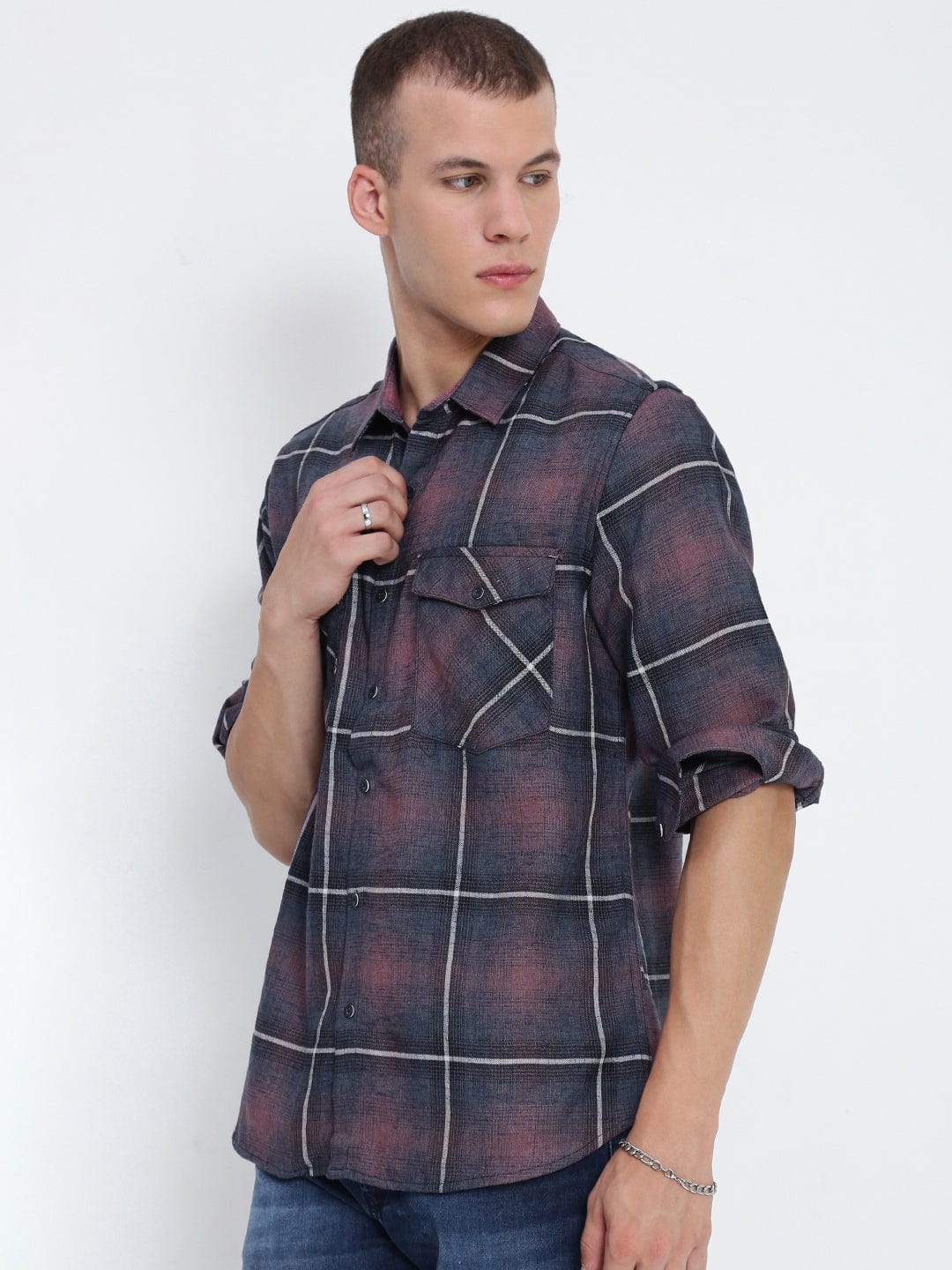 Men's Multi Tartan Checks Spread Collar Regular Fit Shirt
