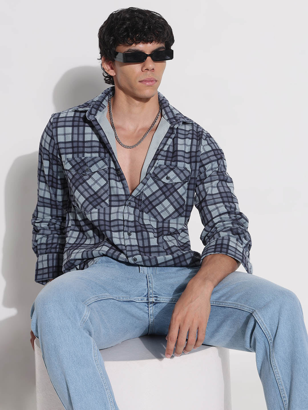 Men's Blue Checked Relaxed Fit Shirt