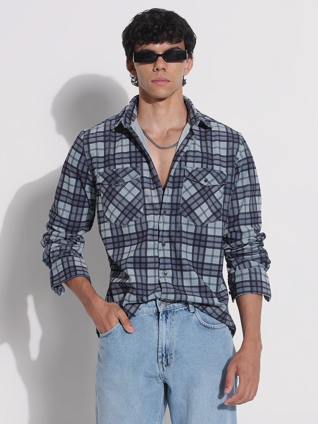 Men's Blue Checked Relaxed Fit Shirt