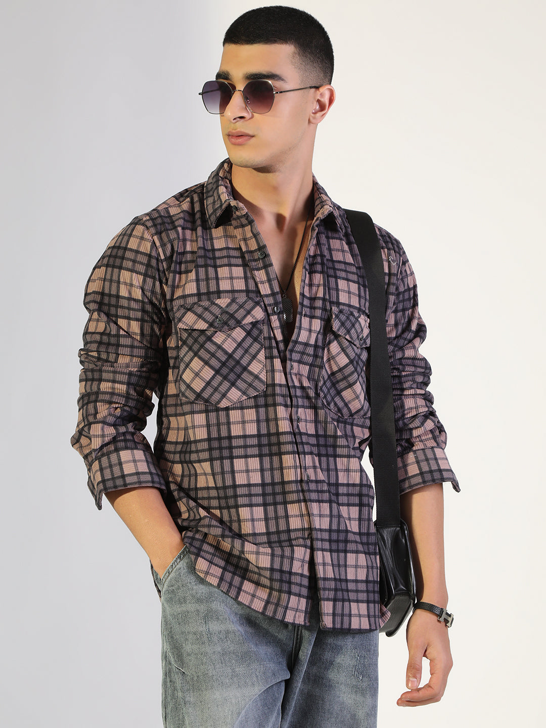 Men's Checked Mauve Regular Fit Shirt