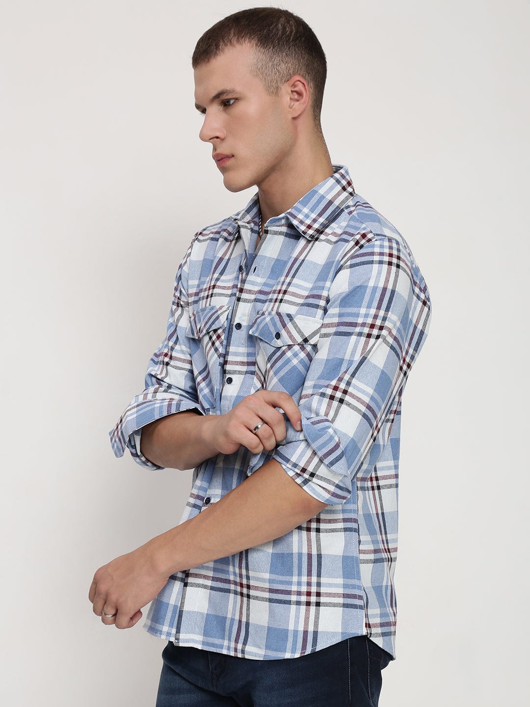 Men's Blue Tartan Checks Spread Collar Regular Fit Shirt