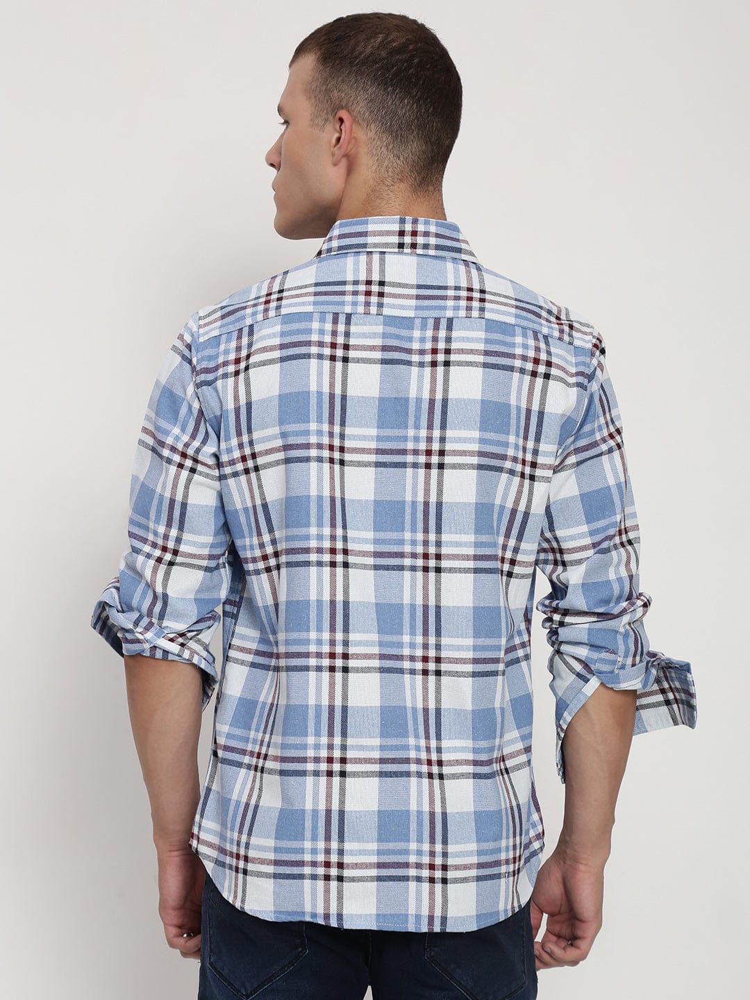 Men's Blue Tartan Checks Spread Collar Regular Fit Shirt