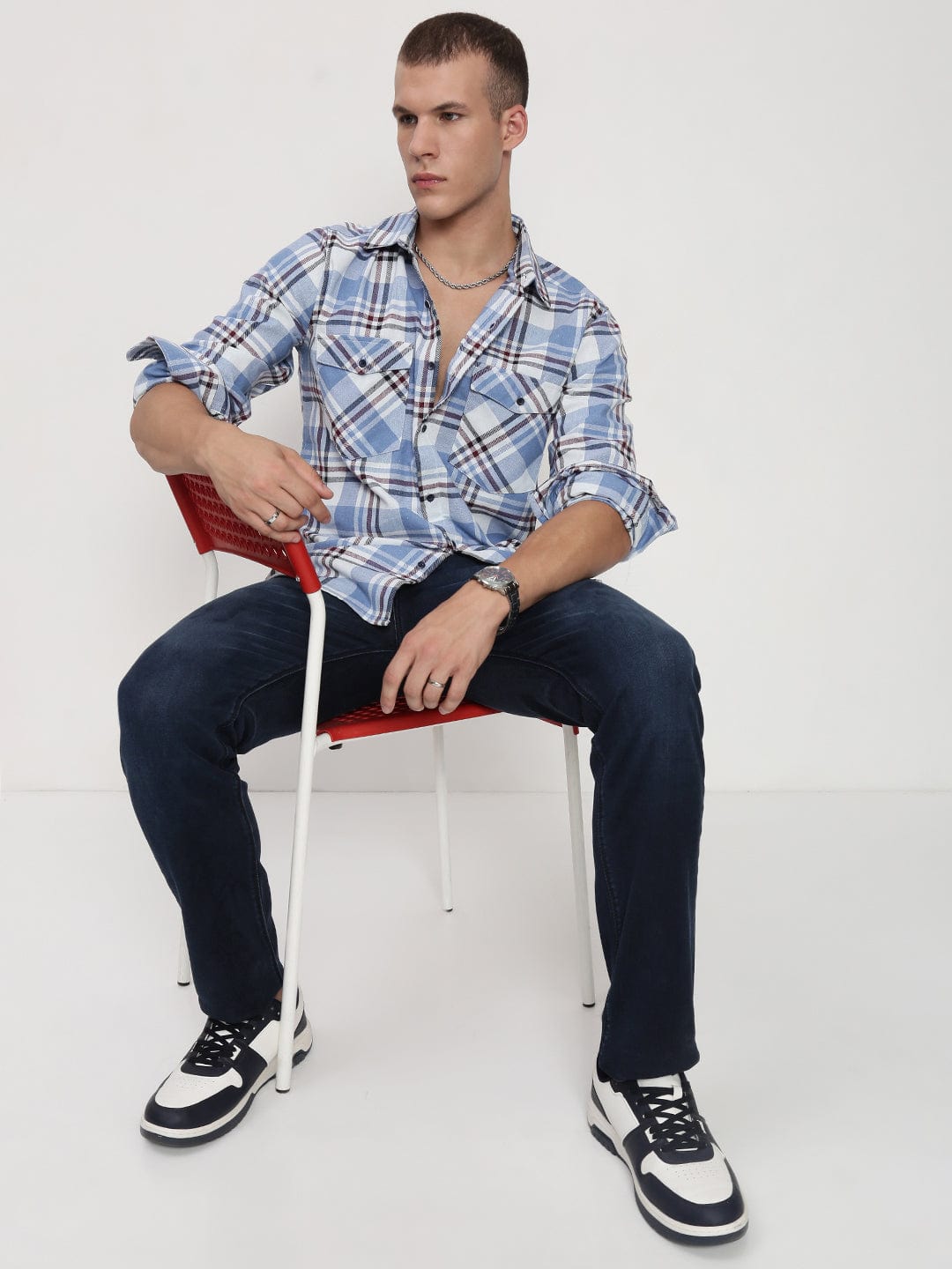 Men's Blue Tartan Checks Spread Collar Regular Fit Shirt