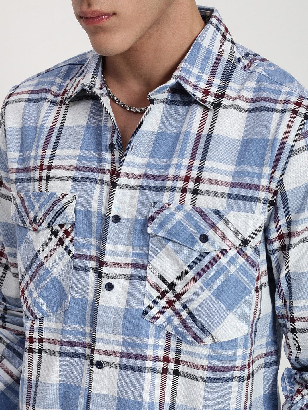 Men's Blue Tartan Checks Spread Collar Regular Fit Shirt