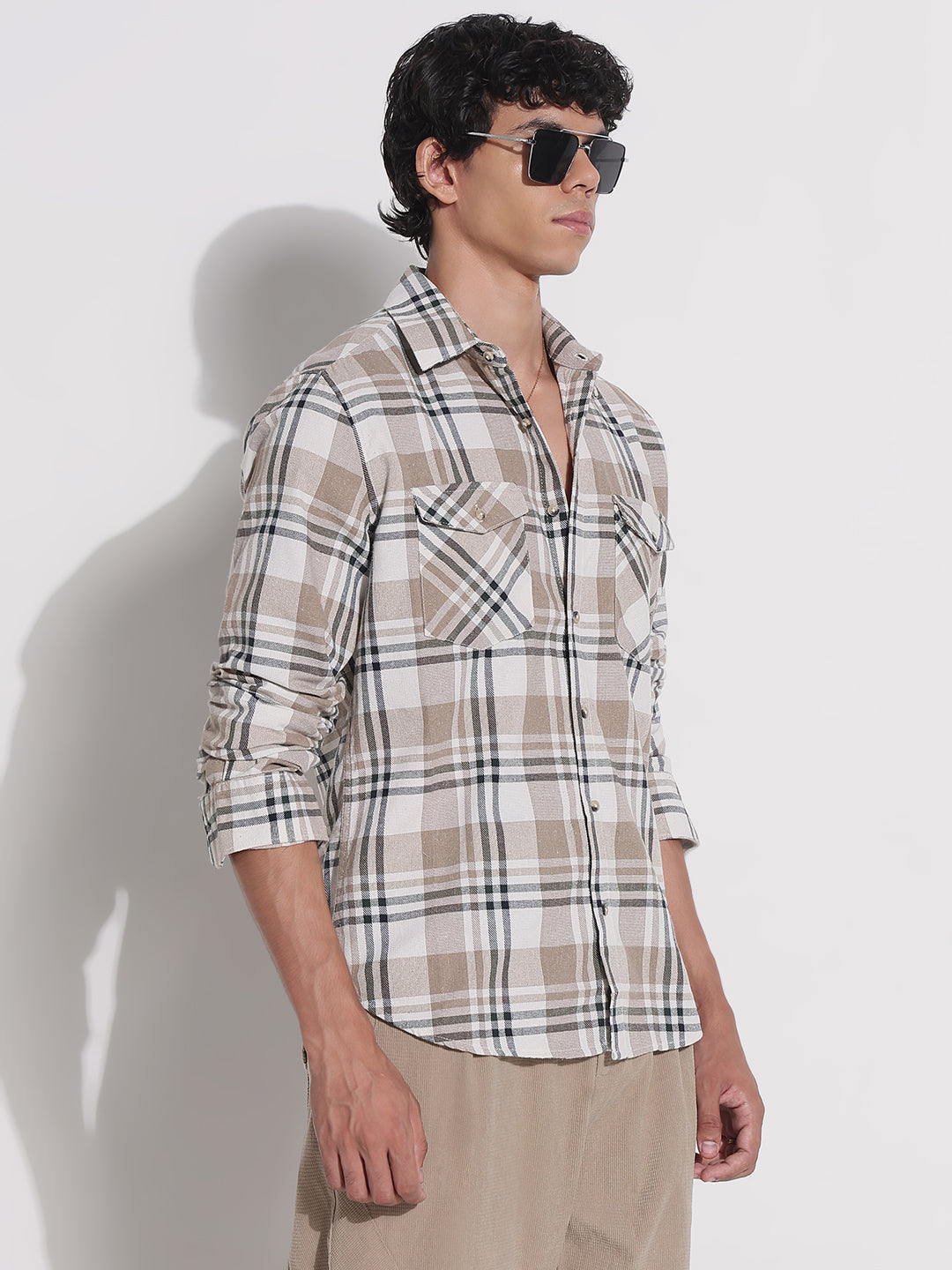Men's Cream Checked Relaxed Fit Shirt