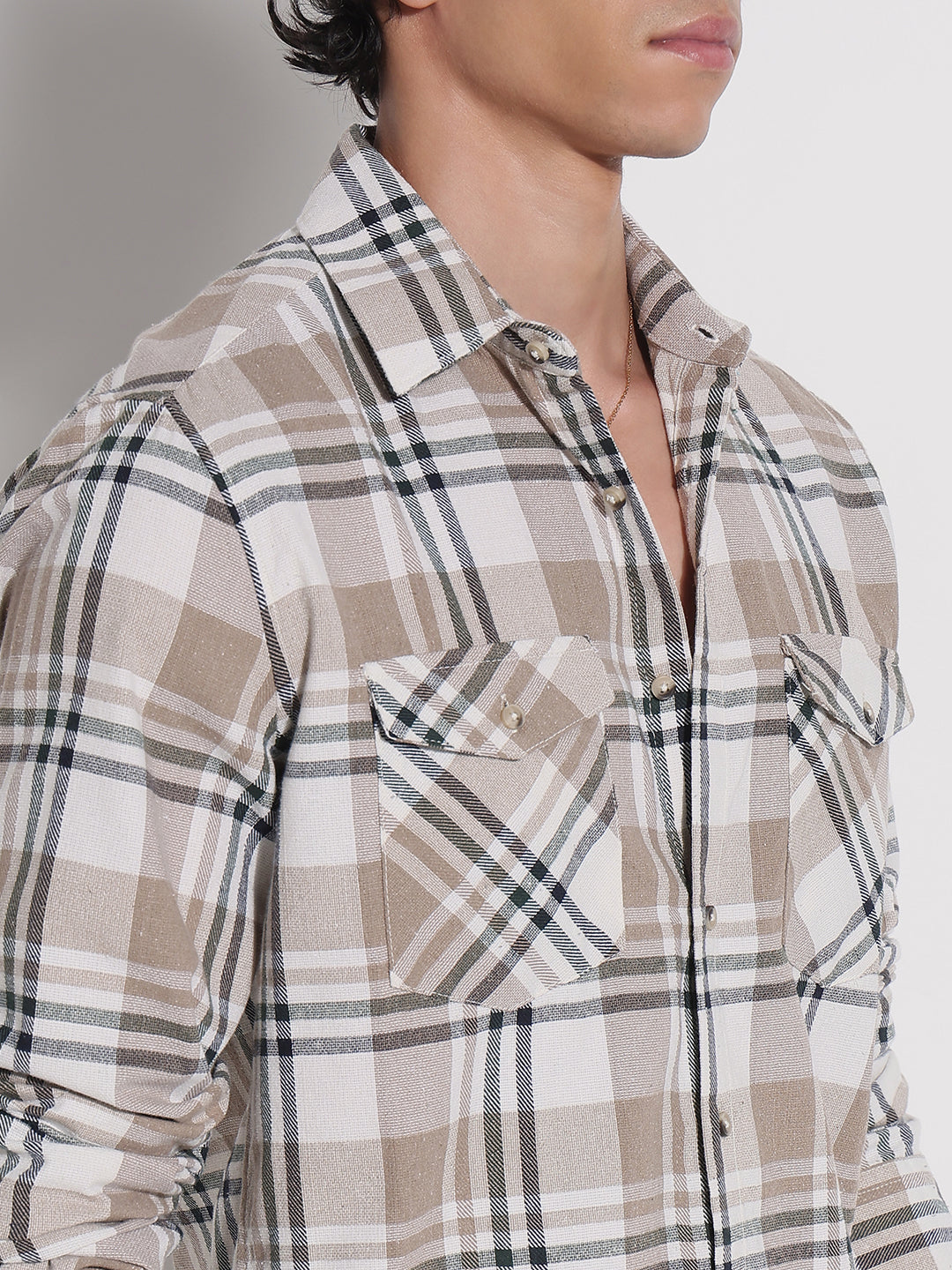 Men's Cream Checked Relaxed Fit Shirt