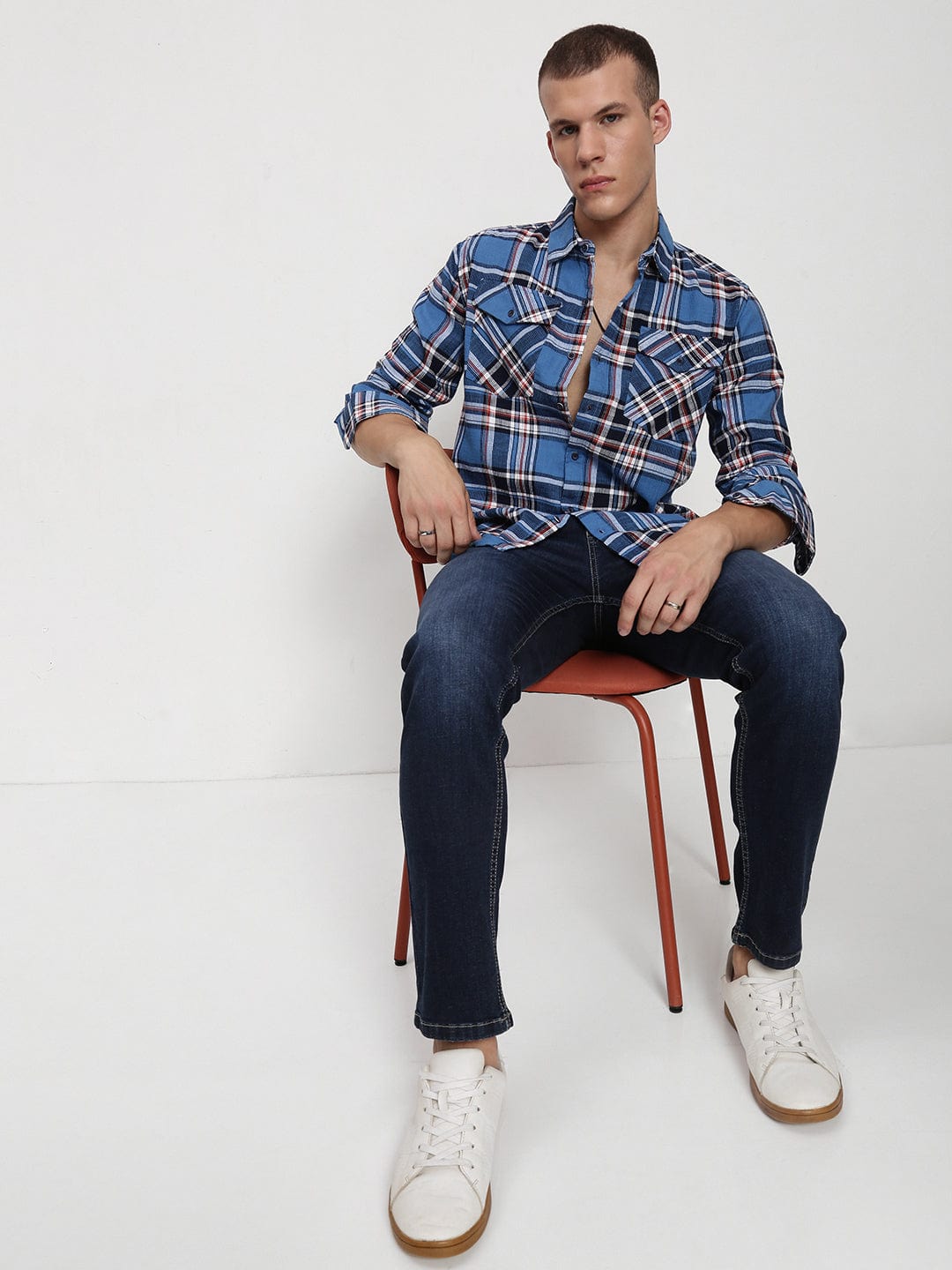 Men's Blue Tartan Checks Spread Collar Regular Fit Shirt