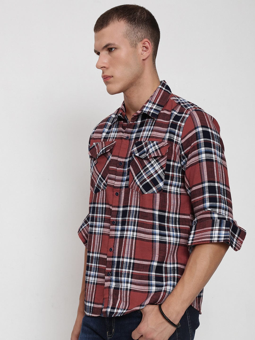 Men's Red Tartan Checks Spread Collar Regular Fit Shirt