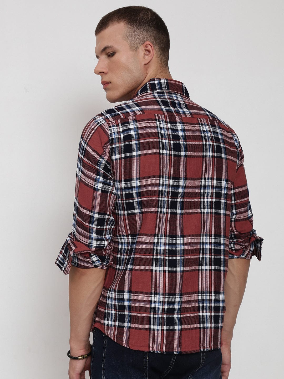 Men's Red Tartan Checks Spread Collar Regular Fit Shirt