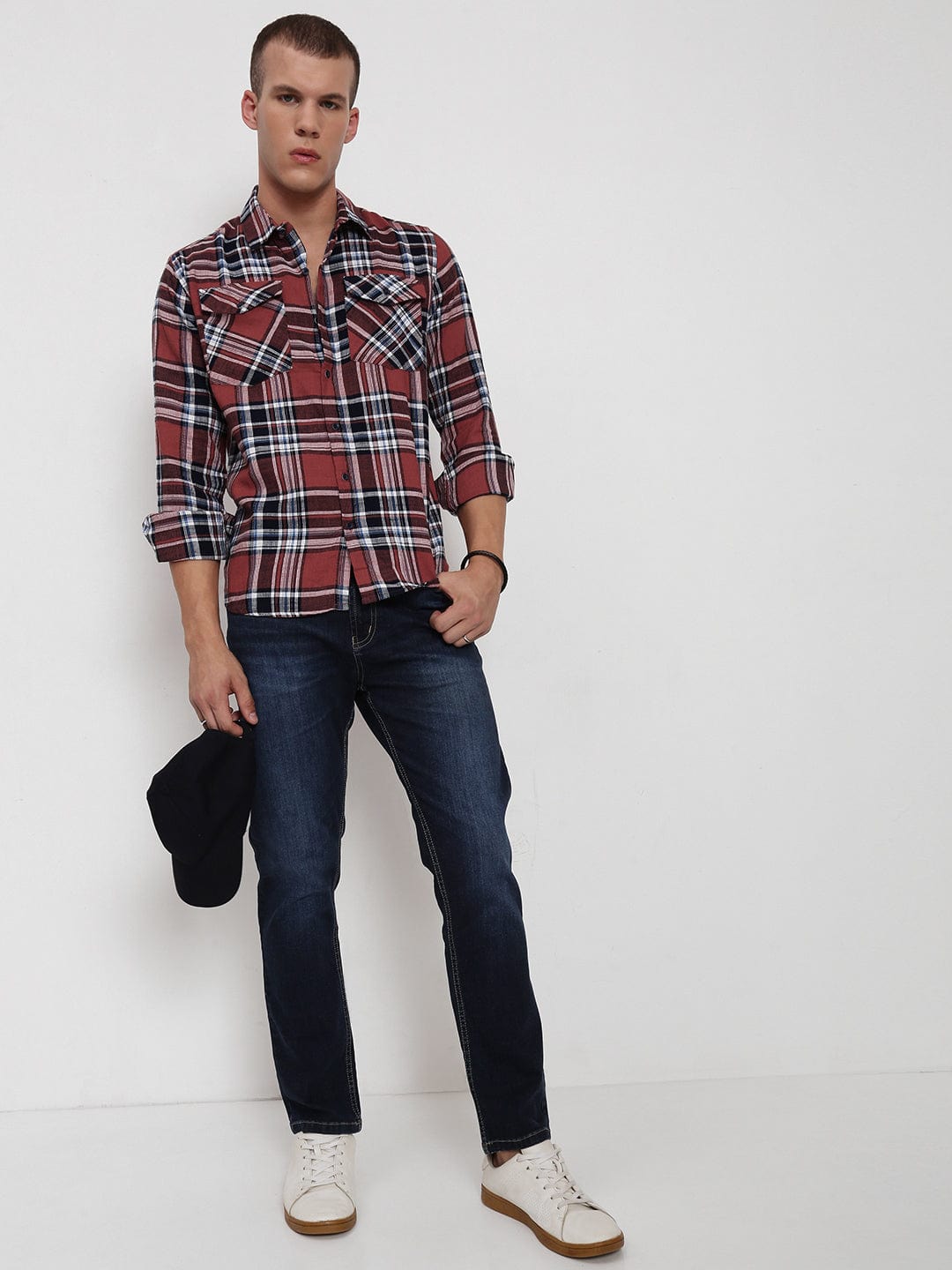 Men's Red Tartan Checks Spread Collar Regular Fit Shirt