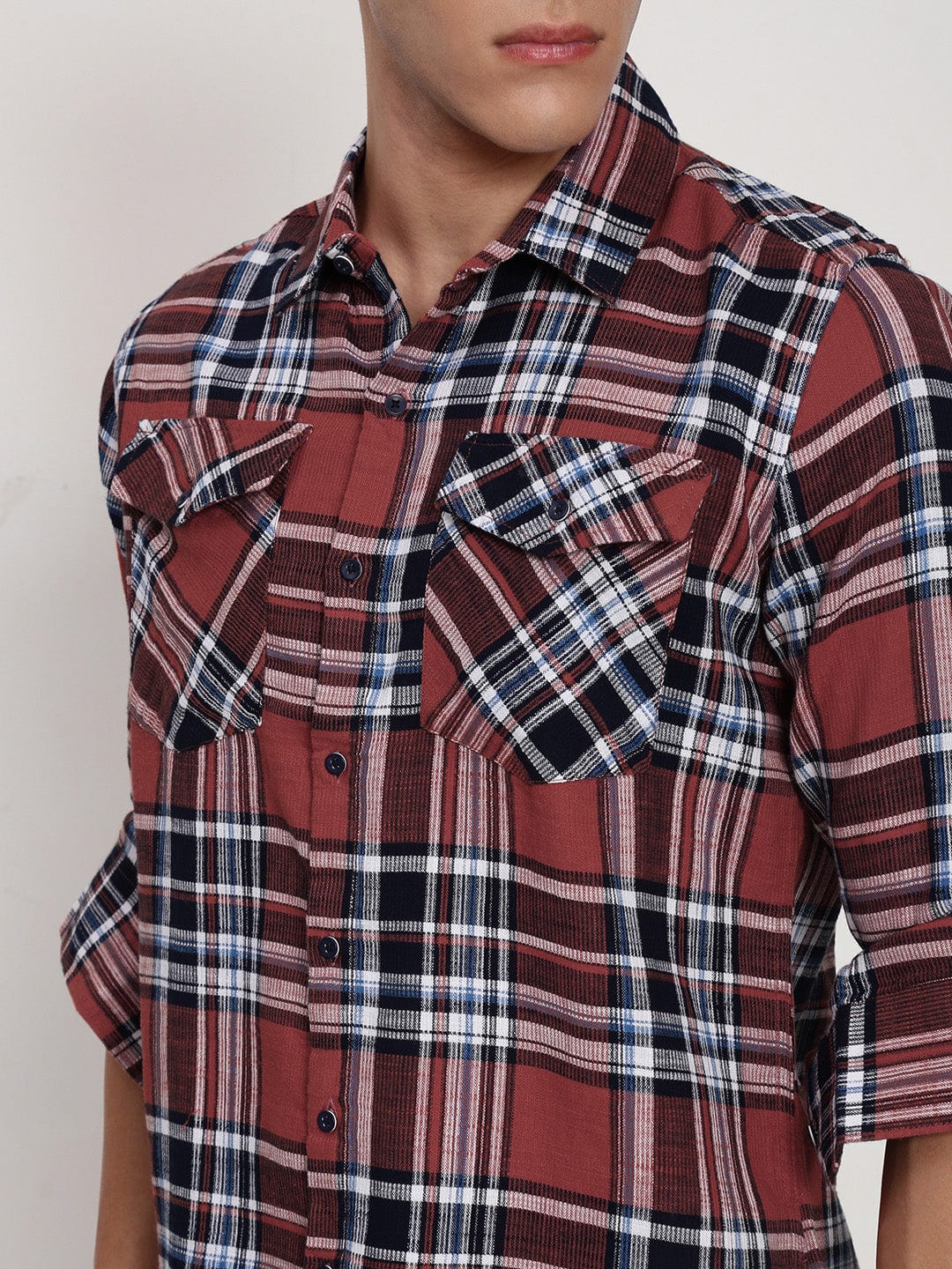Men's Red Tartan Checks Spread Collar Regular Fit Shirt