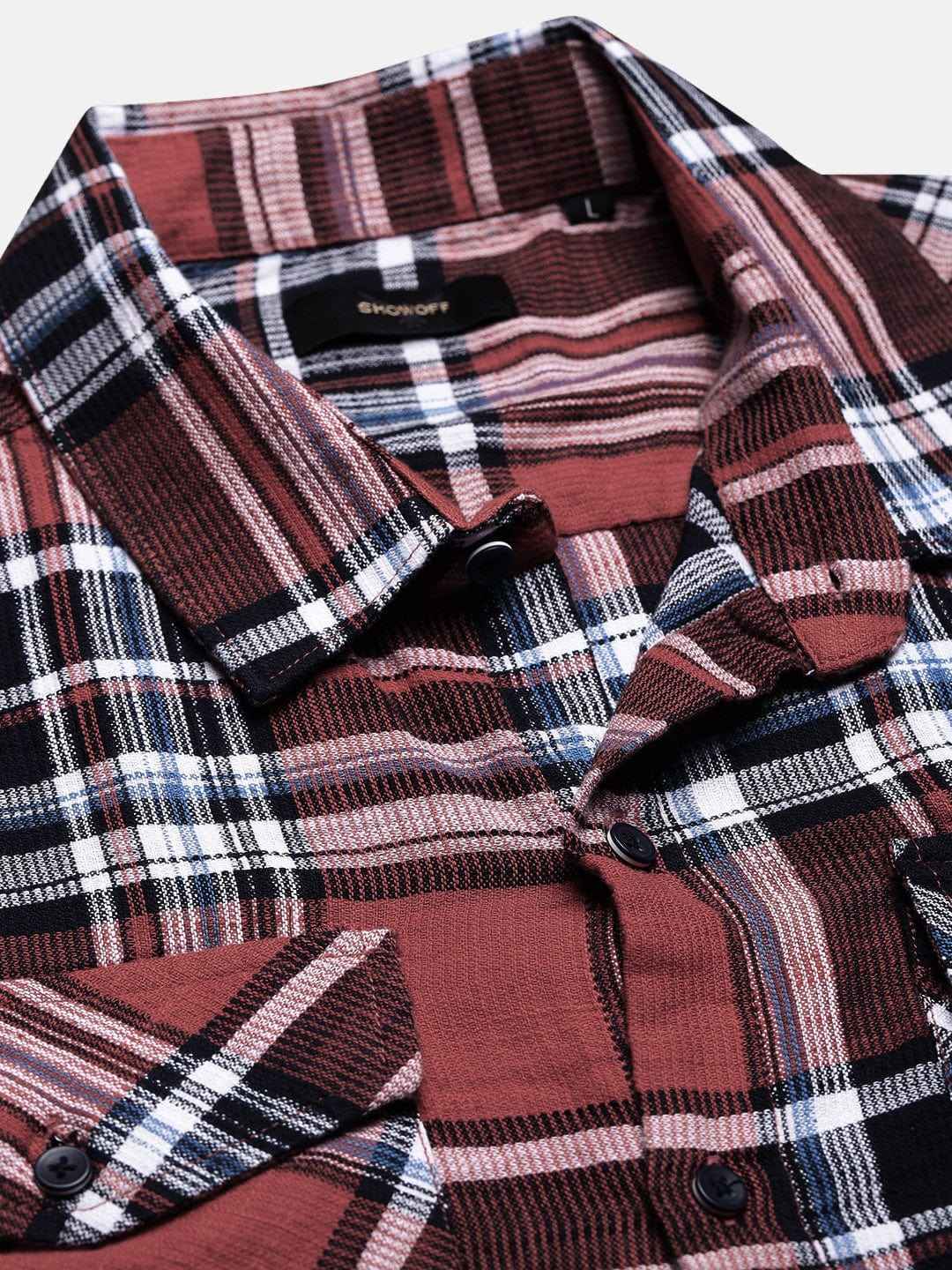 Men's Red Tartan Checks Spread Collar Regular Fit Shirt