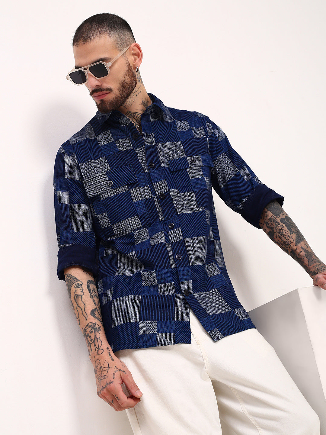 Men Blue Geometric Shacket