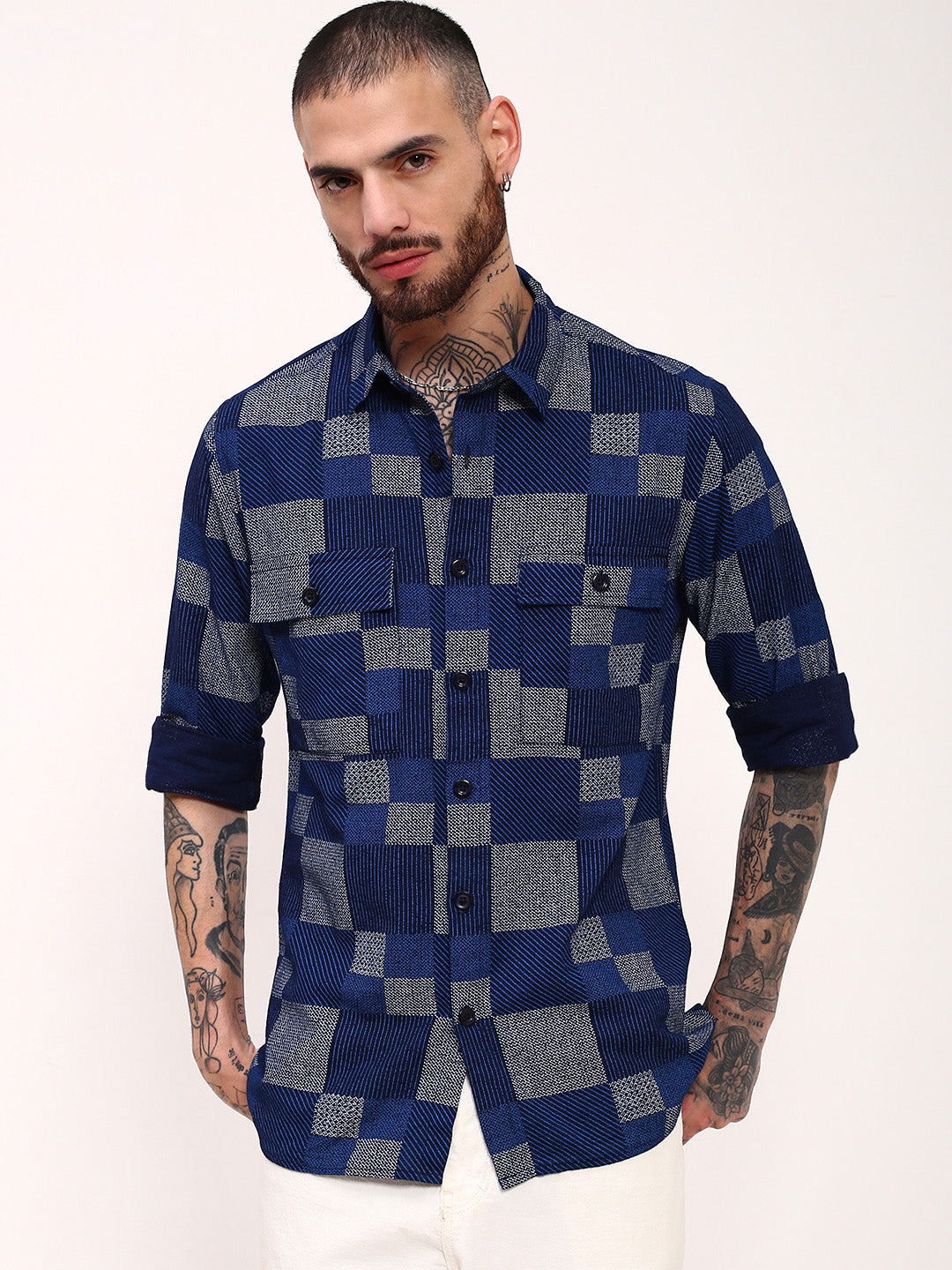 Men Blue Geometric Shacket