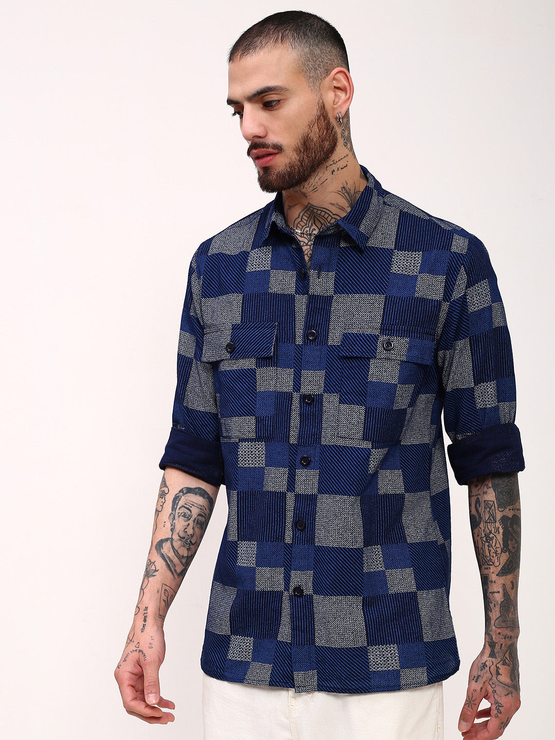 Men Blue Geometric Shacket