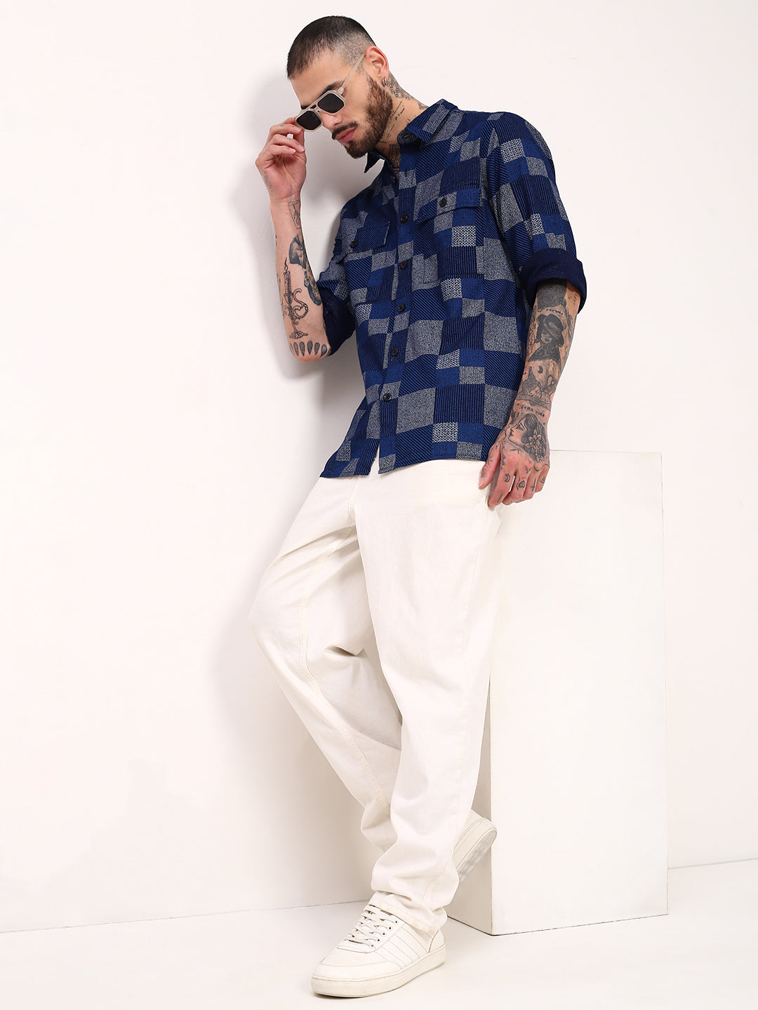 Men Blue Geometric Shacket