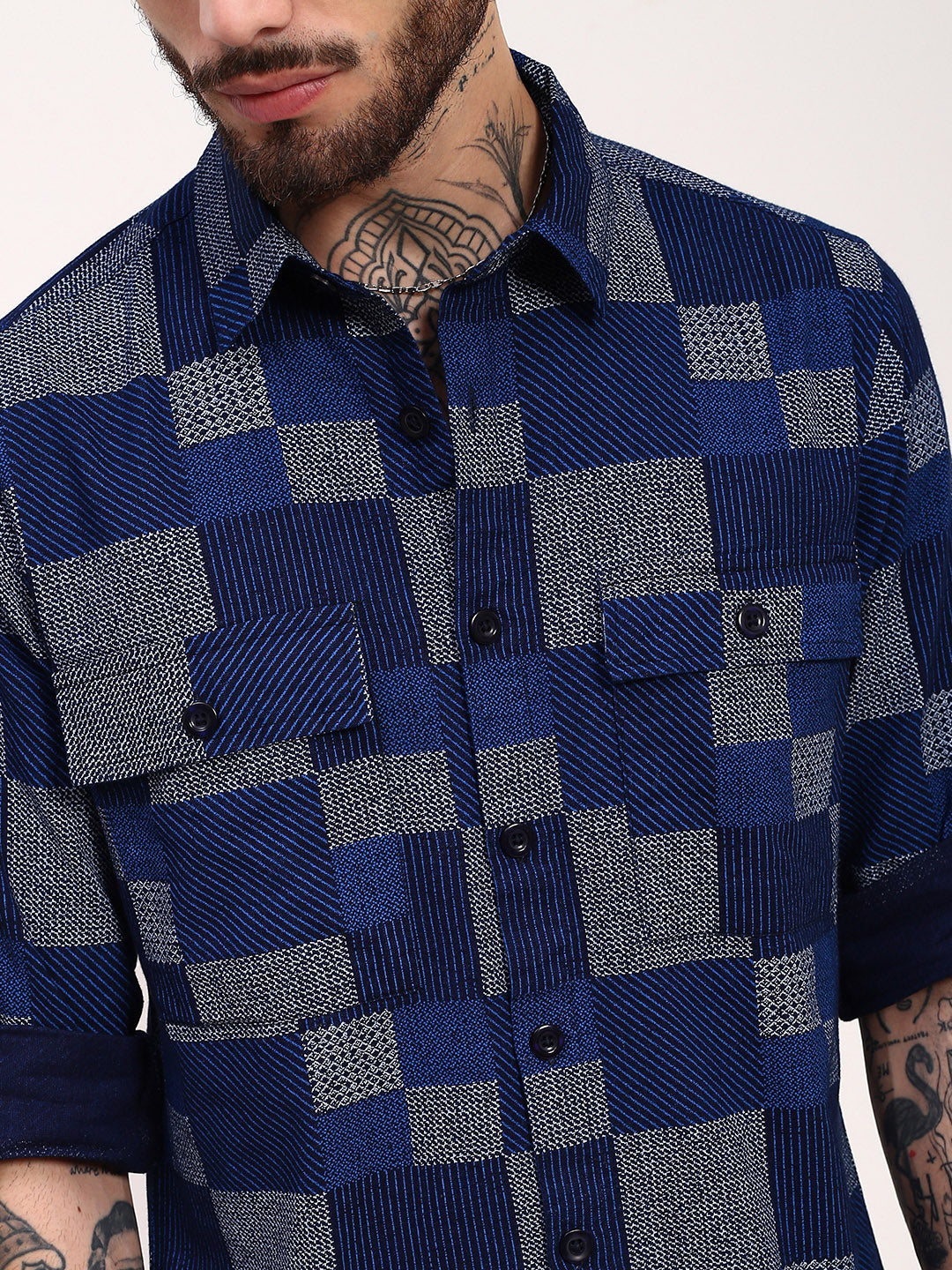 Men Blue Geometric Shacket