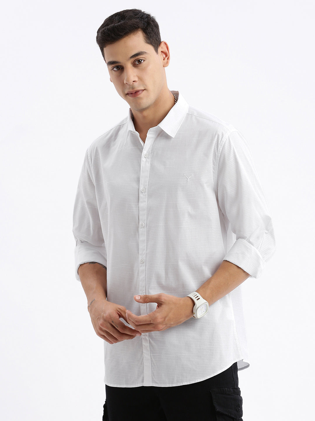 Men Spread Collar Solid Slim Fit White Shirt