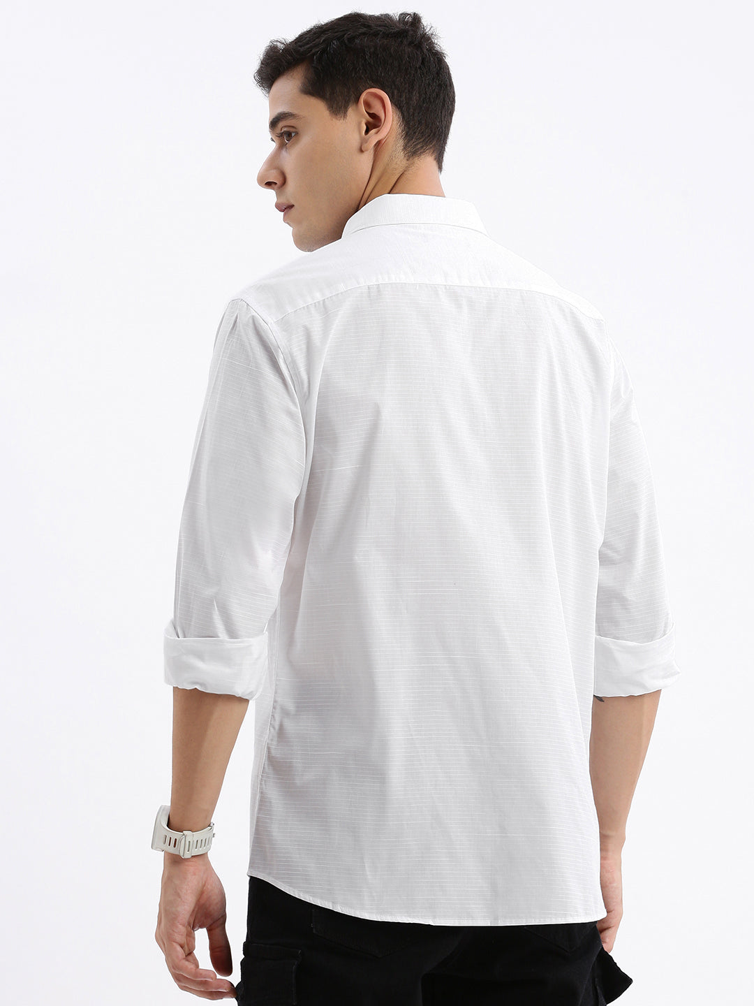 Men Spread Collar Solid Slim Fit White Shirt