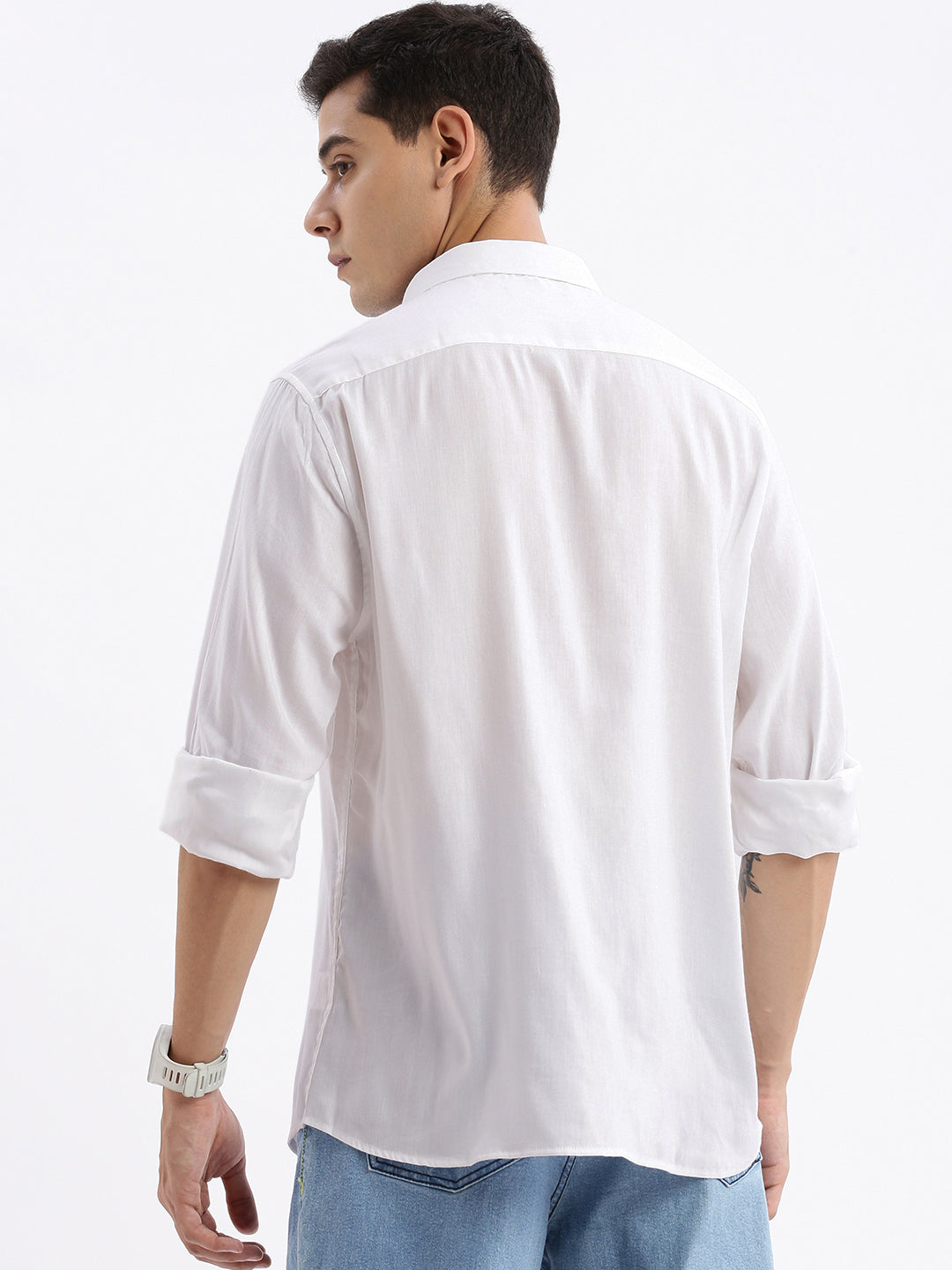 Men Spread Collar Solid Slim Fit White Shirt