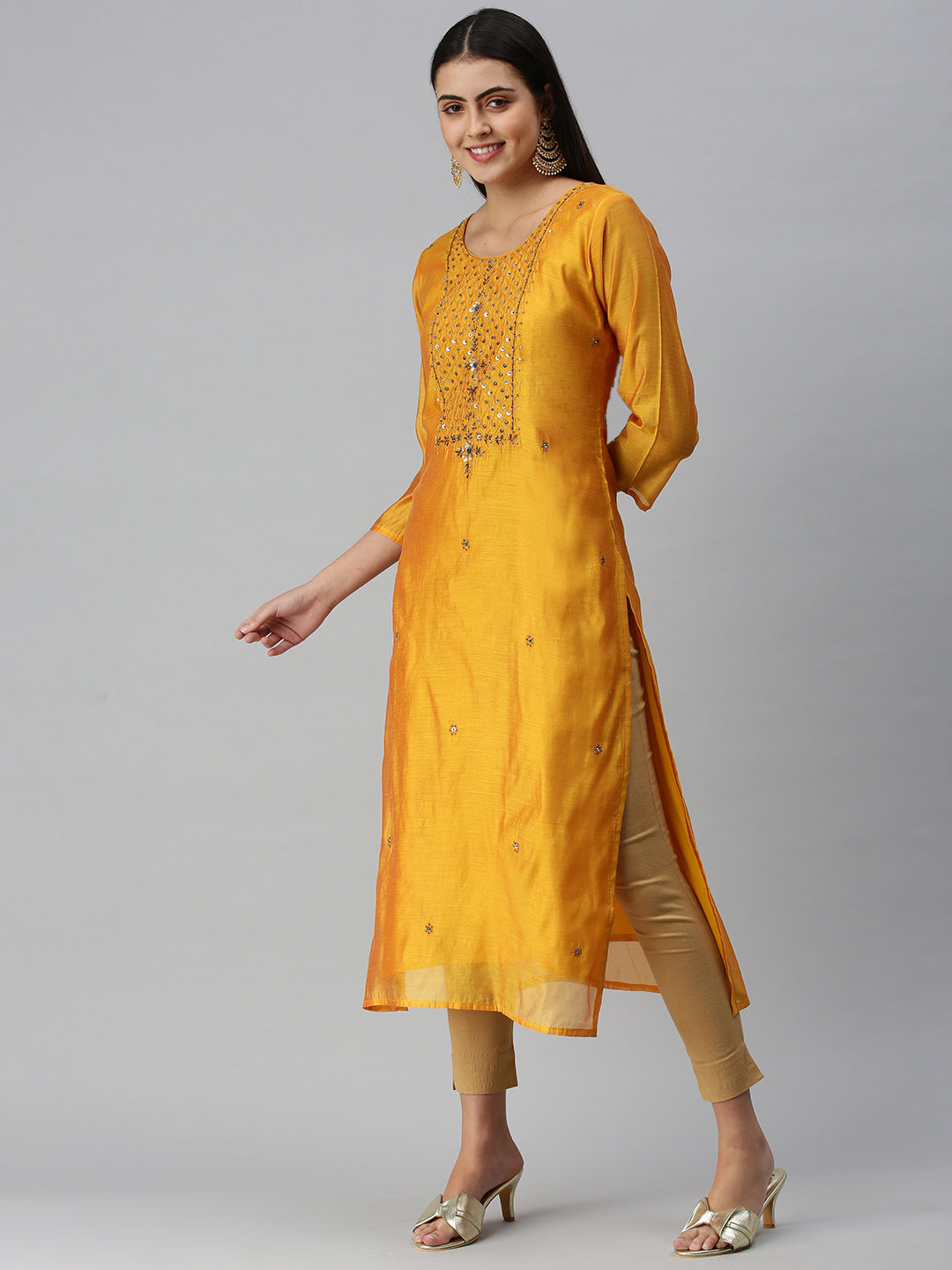 Women Embroidered Mustard Straight Kurta