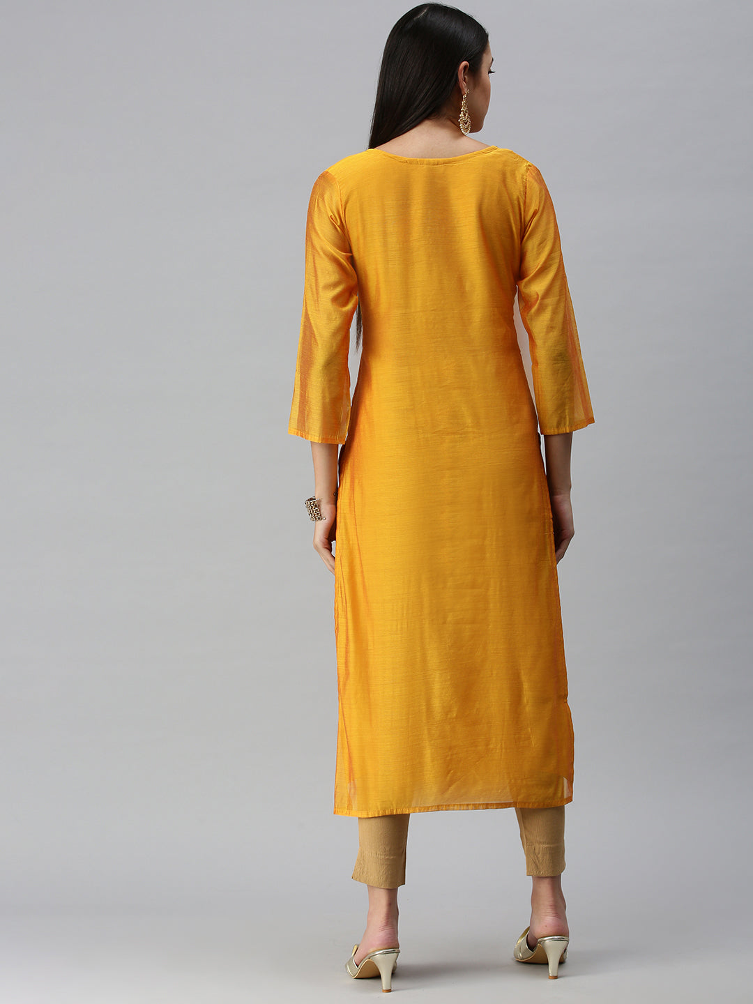 Women Embroidered Mustard Straight Kurta