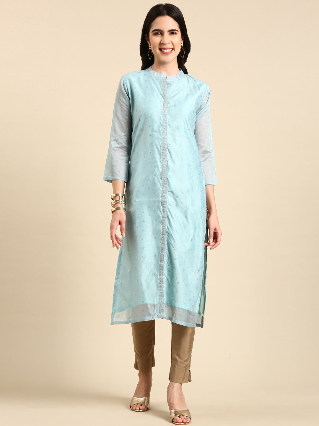 Women Mandarin Collar Printed Blue Straight Kurta