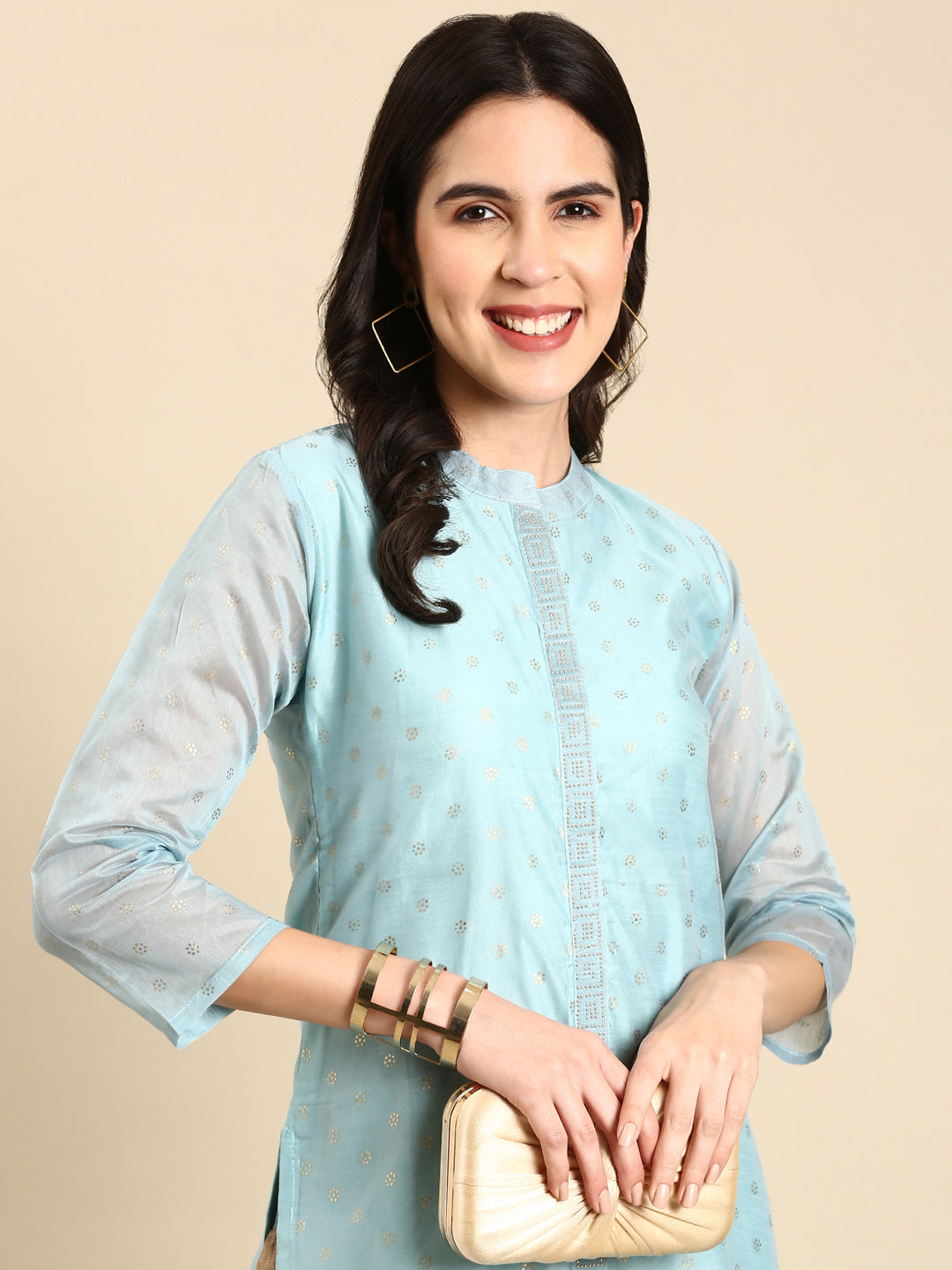 Women Mandarin Collar Printed Blue Straight Kurta