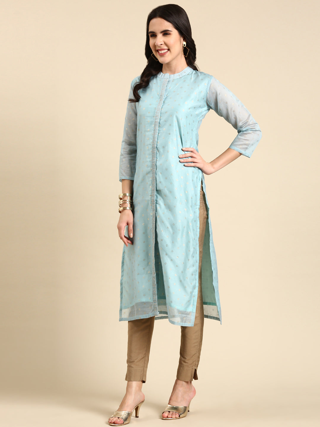 Women Mandarin Collar Printed Blue Straight Kurta