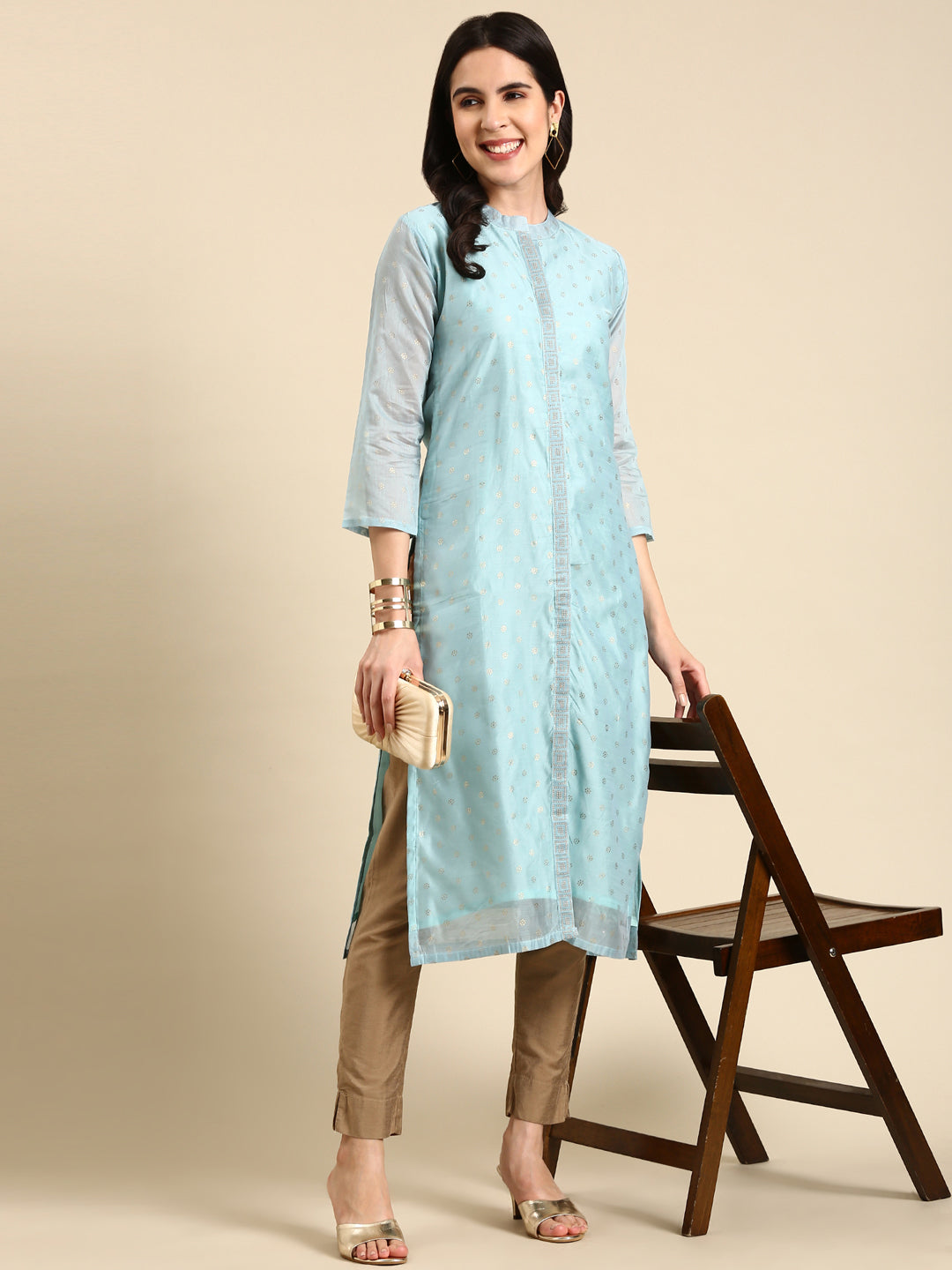 Women Mandarin Collar Printed Blue Straight Kurta