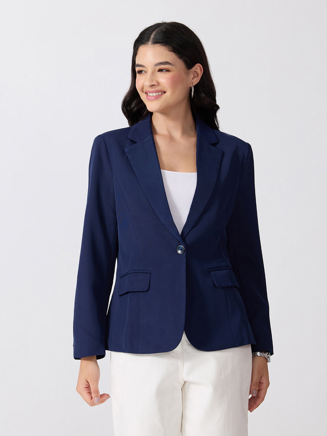 Women’s Navy Blue Tailored Fit Single-Breasted Blazer with Notched Lapel