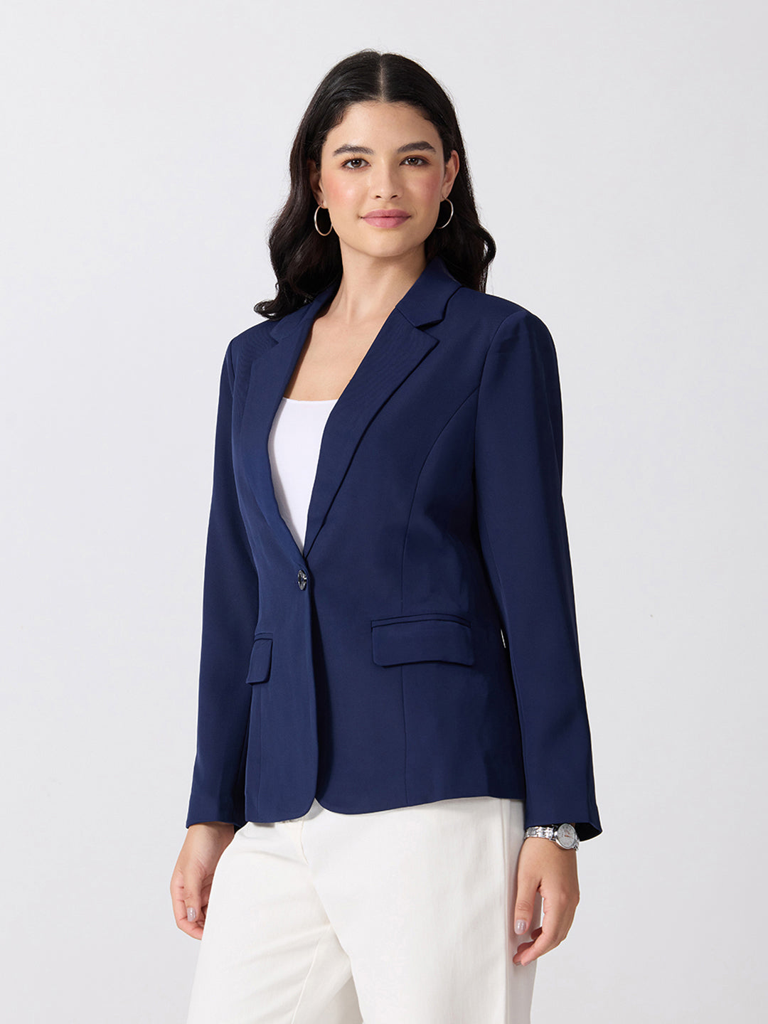 Women’s Navy Blue Tailored Fit Single-Breasted Blazer with Notched Lapel