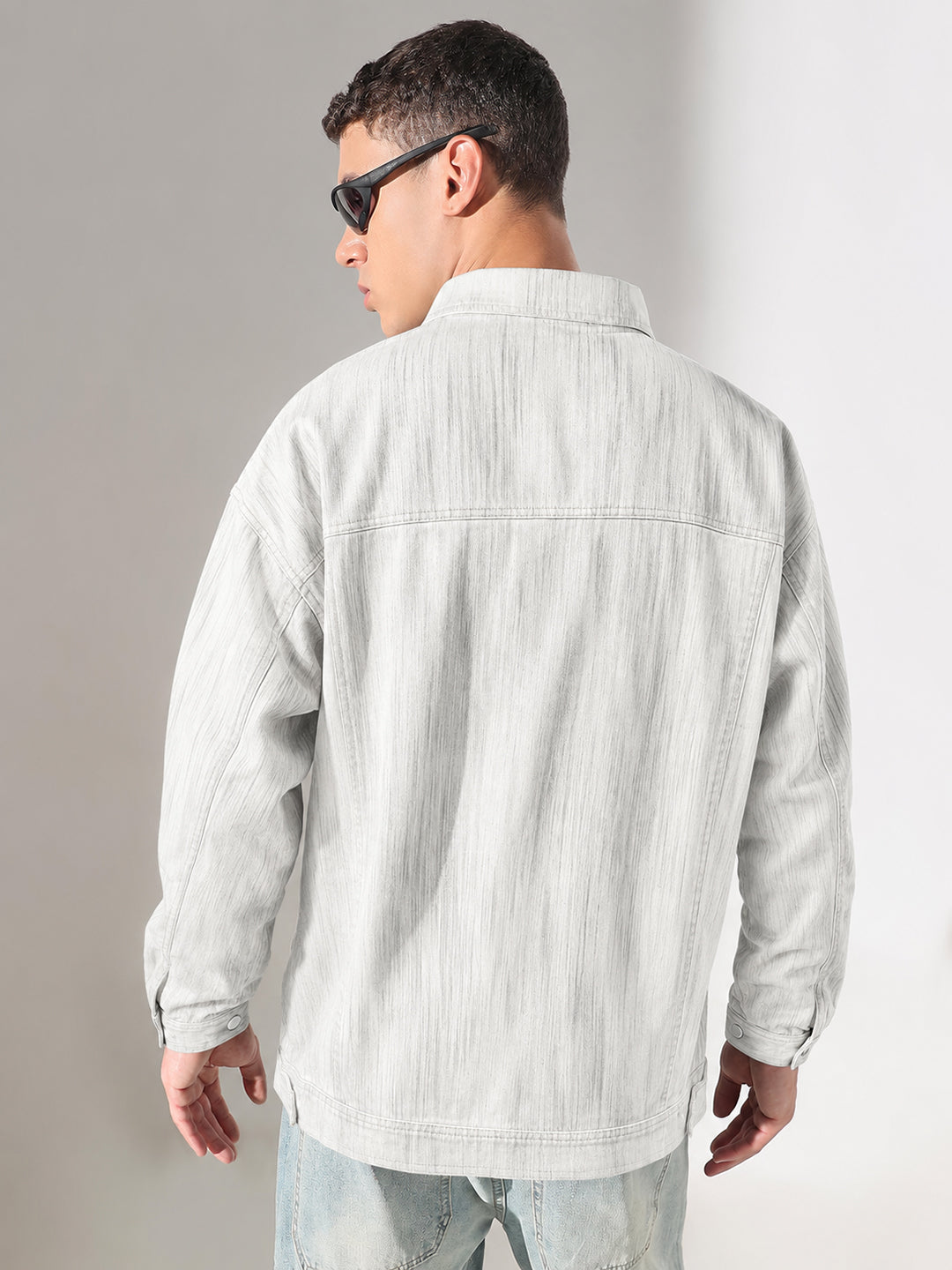 Men’s Denim Off White Shacket with Dual Chest Pockets and Snap Buttons