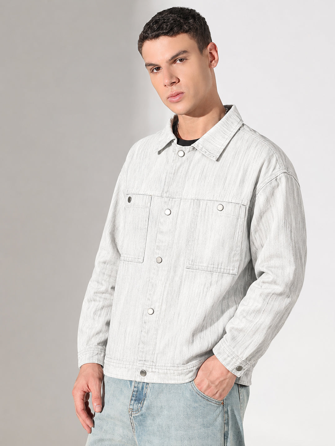 Men’s Denim Off White Shacket with Dual Chest Pockets and Snap Buttons