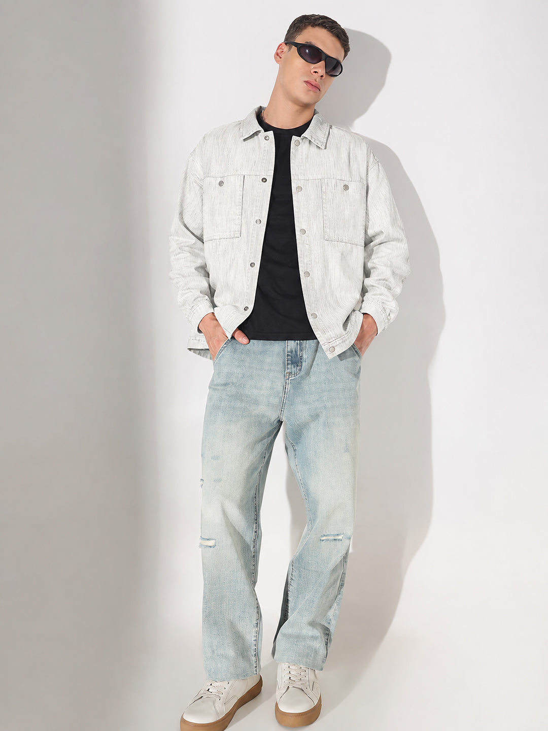 Men’s Denim Off White Shacket with Dual Chest Pockets and Snap Buttons