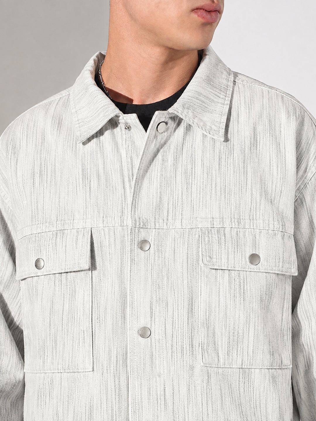 Men’s Denim Off White Shacket with Dual Chest Pockets and Snap Buttons