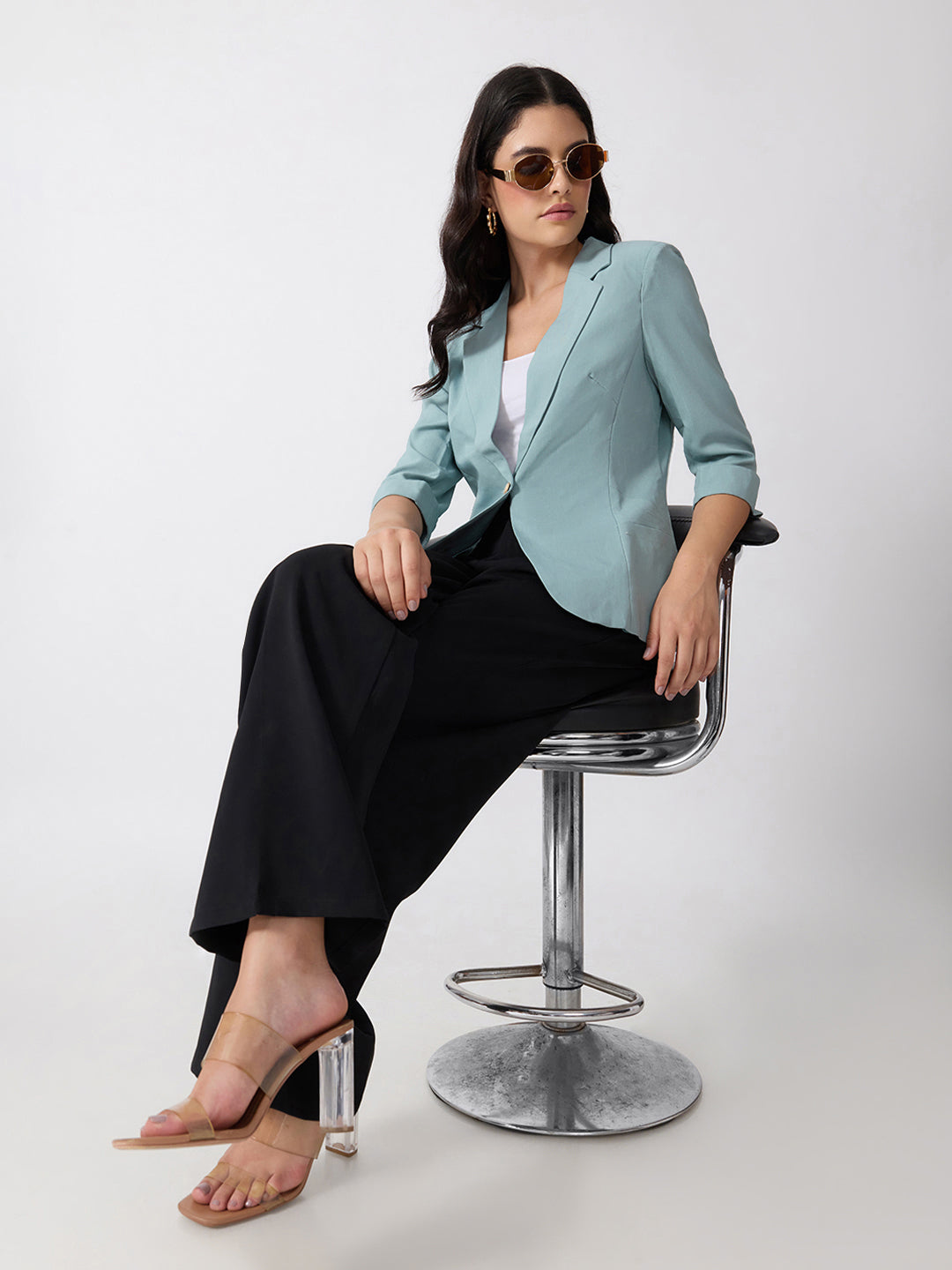 Women’s Green Single-Breasted Blazer with Notched Lapel
