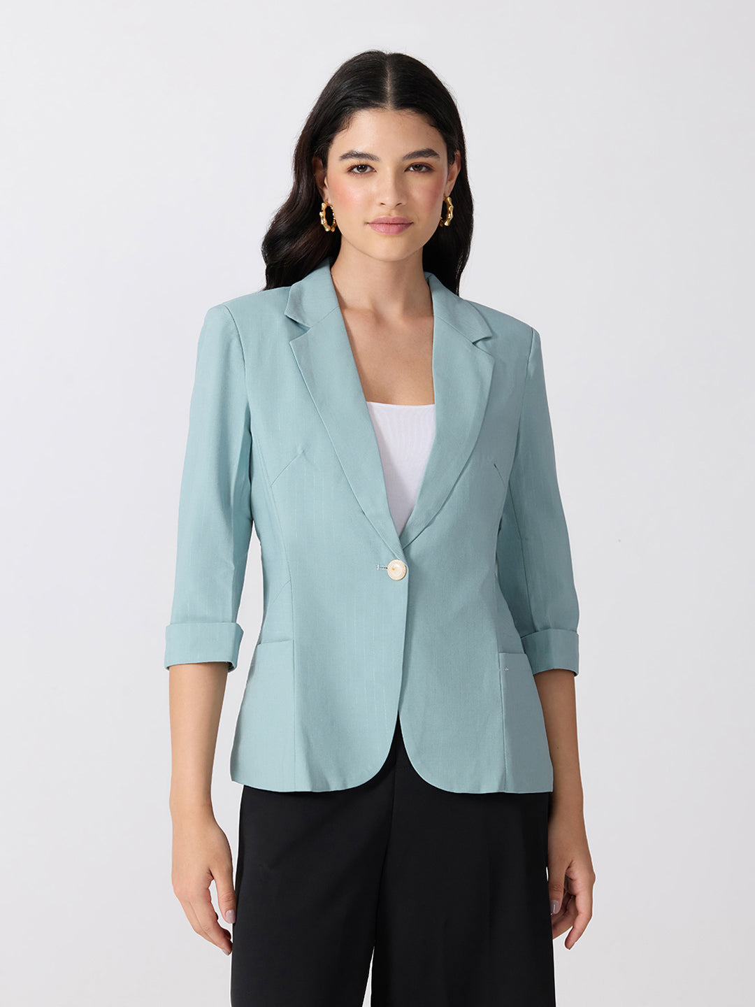 Women’s Green Single-Breasted Blazer with Notched Lapel