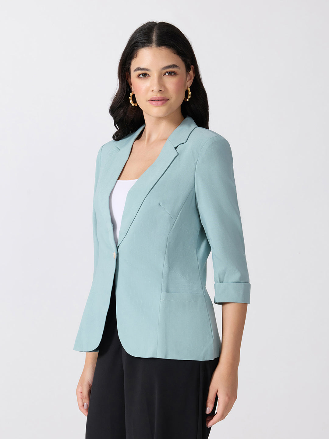 Women’s Green Single-Breasted Blazer with Notched Lapel