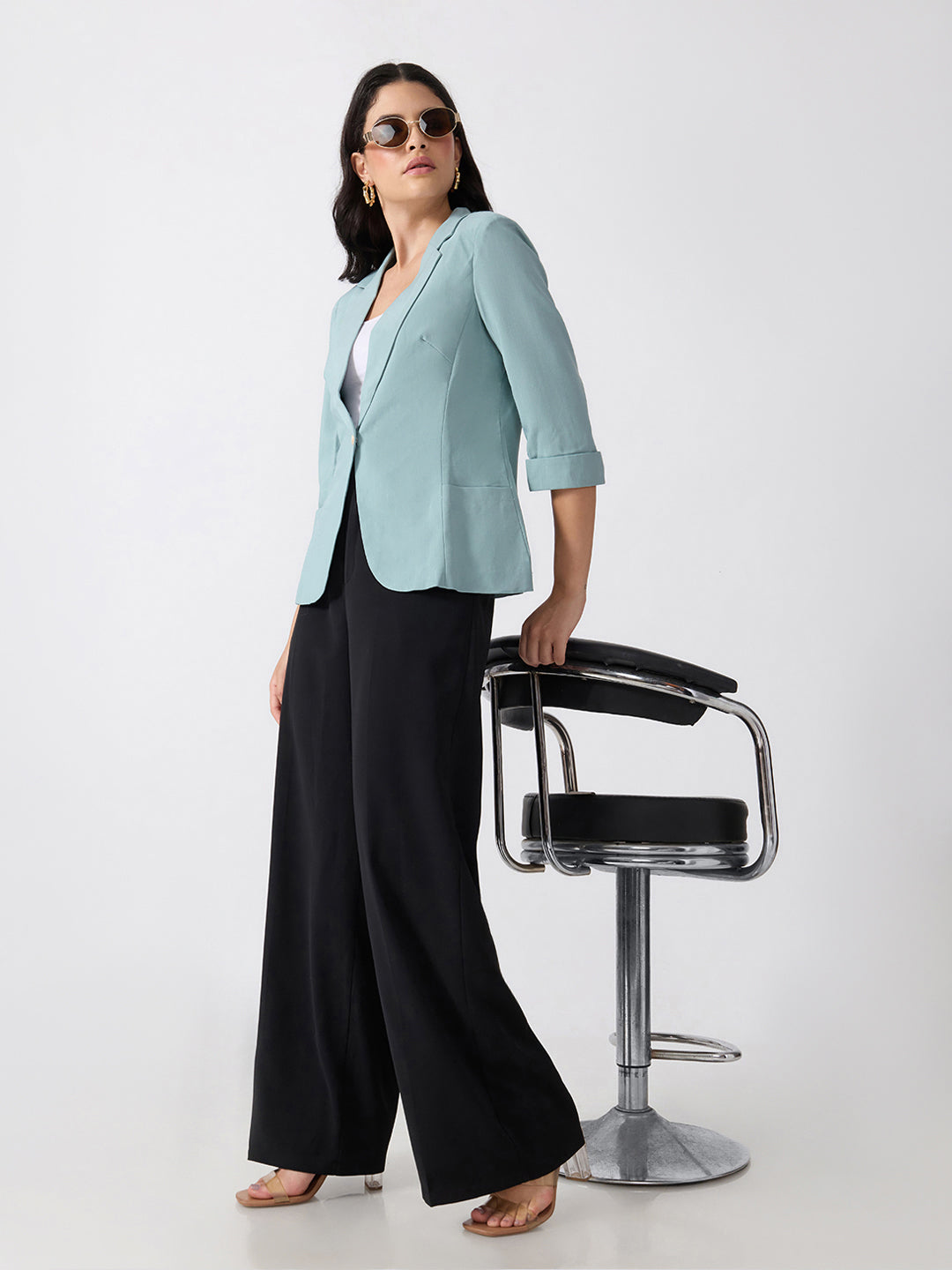 Women’s Green Single-Breasted Blazer with Notched Lapel