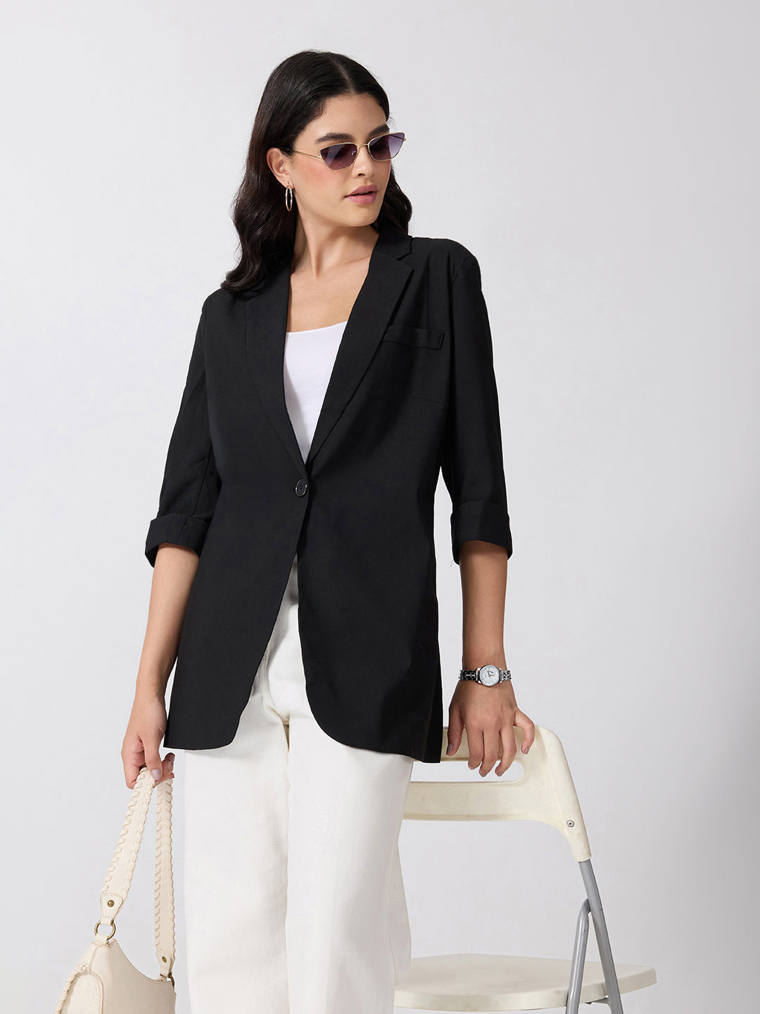 Women’s Black Longline Single-Breasted Blazer with Notched Lapel