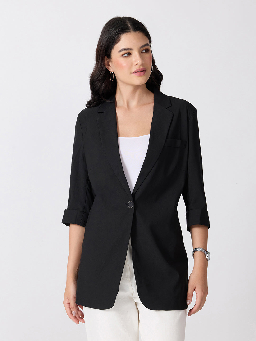 Women’s Black Longline Single-Breasted Blazer with Notched Lapel