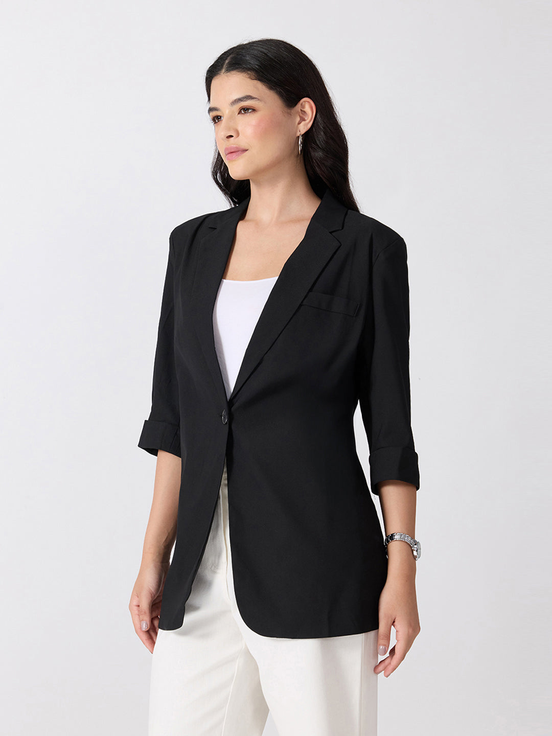 Women’s Black Longline Single-Breasted Blazer with Notched Lapel